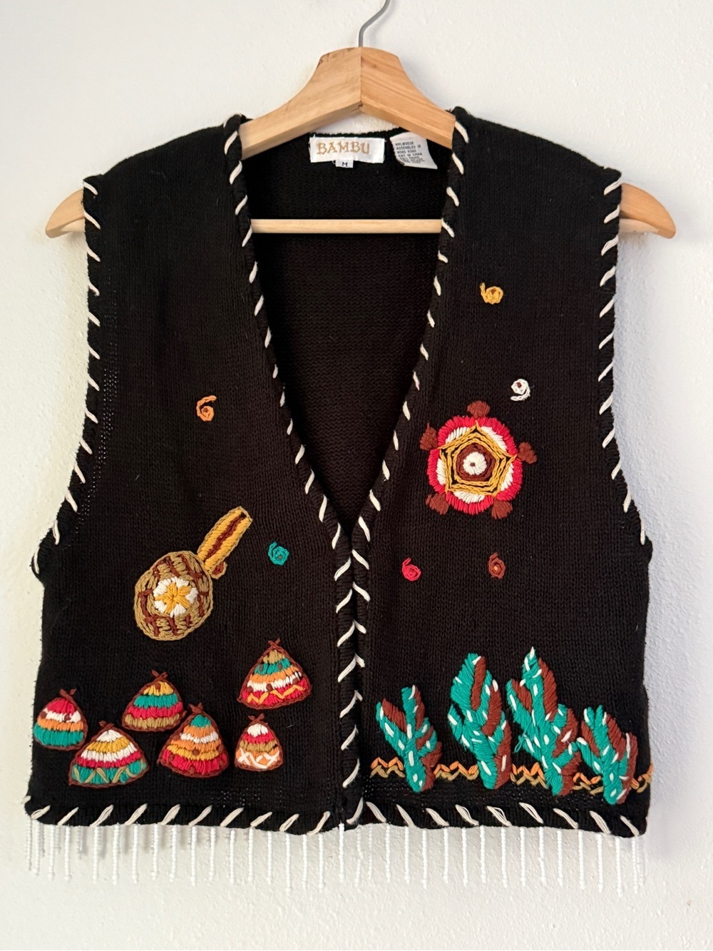 Bambu Vintage Black Vest Embroidered desert theme Beads Fringe Size Medium